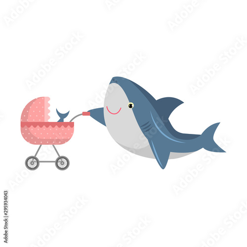 Cute shark with a baby shark in a pram. Vector illustration isolated on white background.