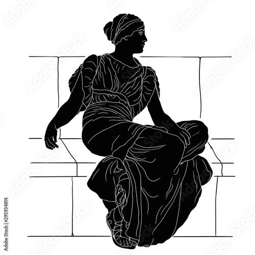 A young woman sits on a stone parapet. Vector image isolated on white background.