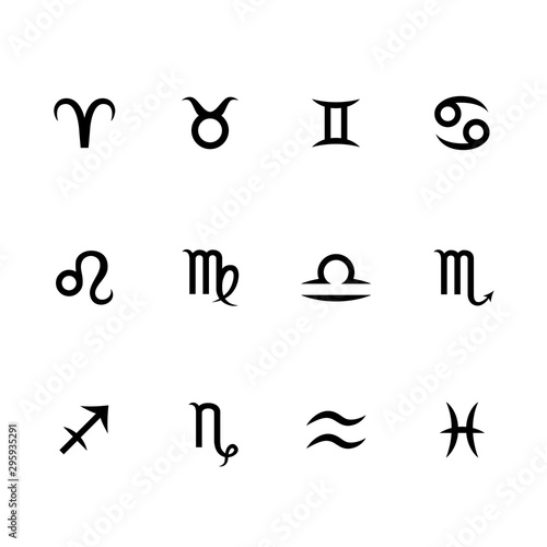 Set of zodiac signs and symbols. Horoscope, astrology icons. Twelve constellations isolated on white background. Vector.