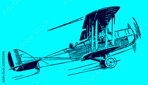 Fast ascending antique single-engine biplane on blue background