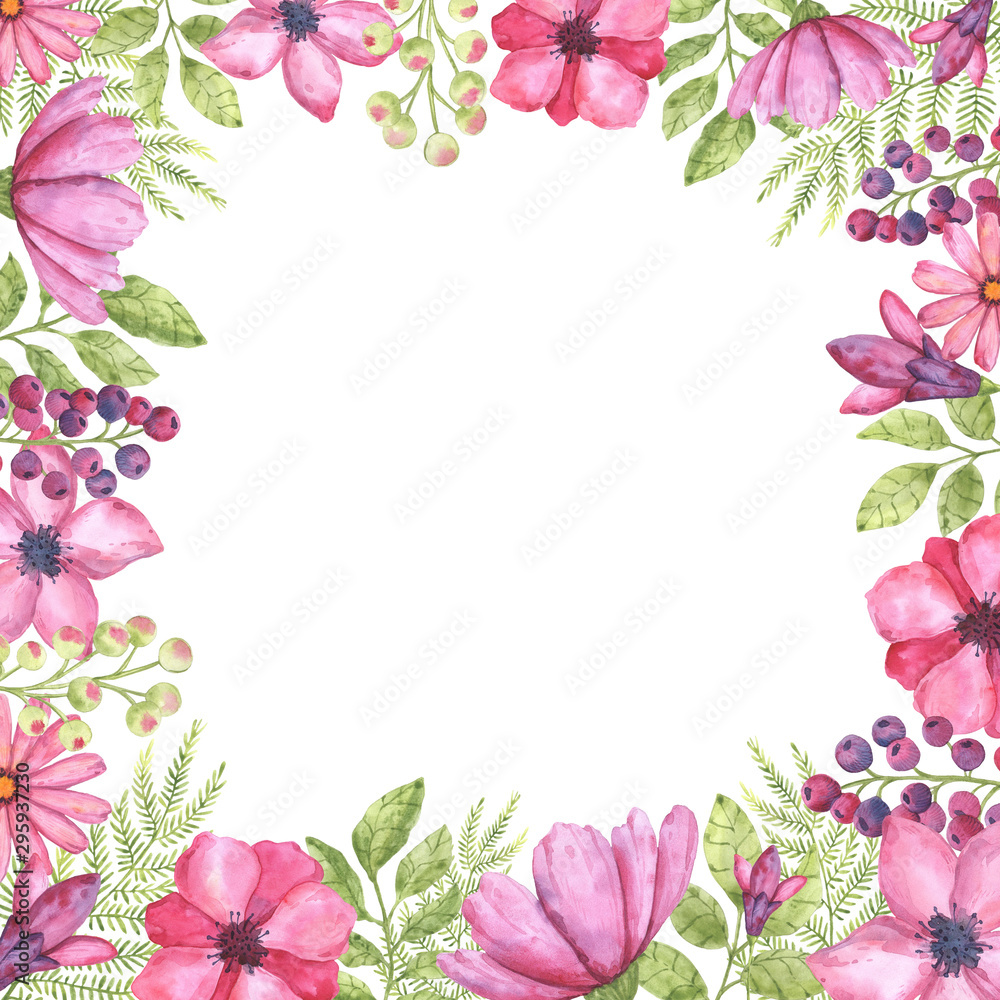 Beautiful floral frame of watercolor elements in pink and green colors. Suitable for business cards, invitations and design.