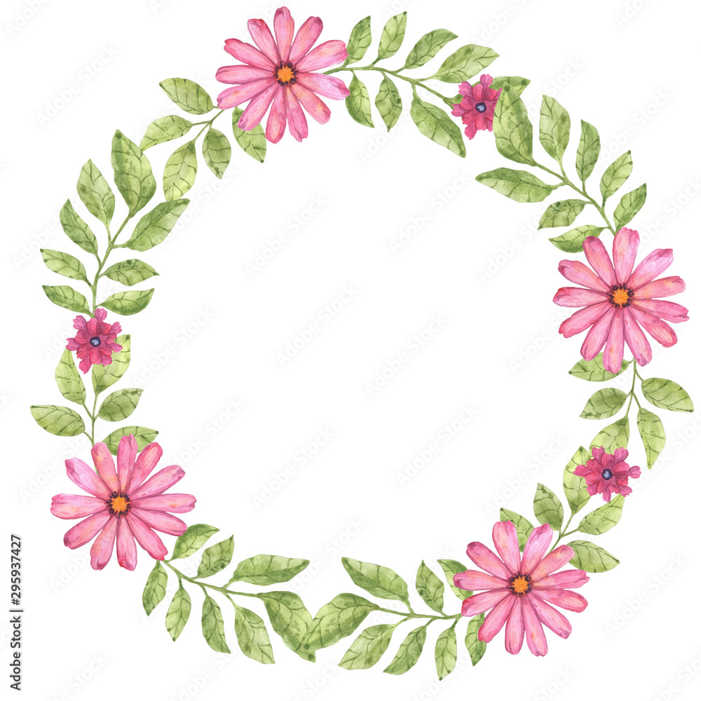 Delicate floral wreath of watercolor elements in pink and green colors. Suitable for business cards, invitations and design.