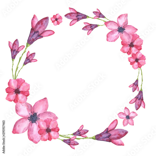Fototapeta Naklejka Na Ścianę i Meble -  Delicate floral wreath of watercolor elements in pink and green colors. Suitable for business cards, invitations and design.