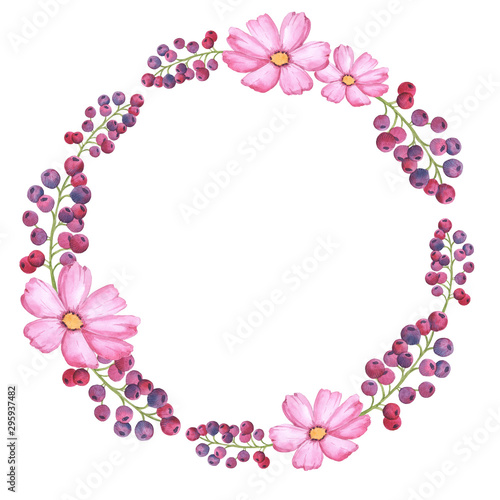 Delicate floral wreath of watercolor elements in pink and green colors. Suitable for business cards, invitations and design.