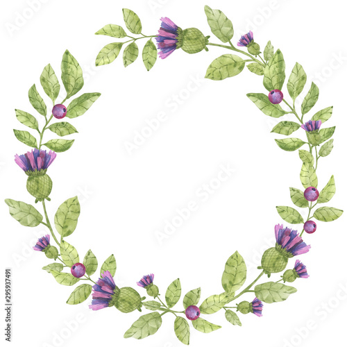 Delicate floral wreath of watercolor elements in pink and green colors. Suitable for business cards, invitations and design.