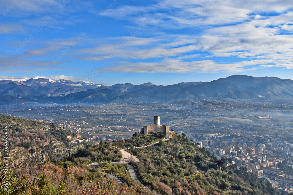 Panoramic view from Monte Cassino. There is a castle overlooking the valley.
