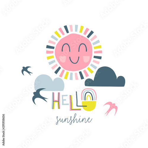 Hello sunshine handwritten vector lettering. Cartoon eddies, birds drawing and calligraphic greeting inscription. Kawaii smiling sun, clouds, swallows doodles with text. Colorful typography