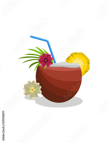 Pina colada vector illustration. Refreshing cocktail in coconut