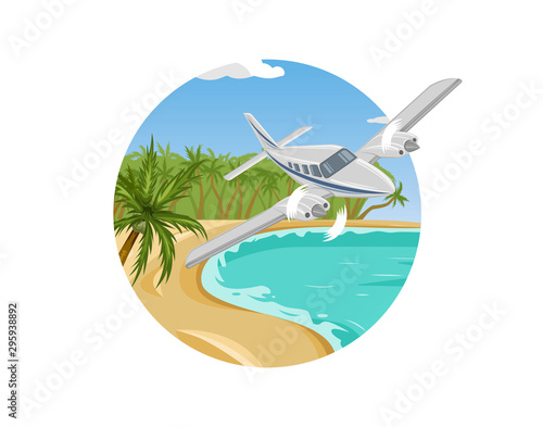 Tropical beach vector illustration. Summer seascape picture. landing plane.