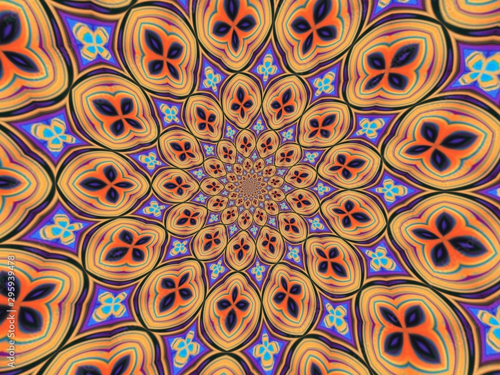 Colorful digital graphic kaleidoscope symmetry mandala style in laser light trial pattern, Tie Dye , spiderweb art abstract background for art projects, banner, business,   card, 3D, template