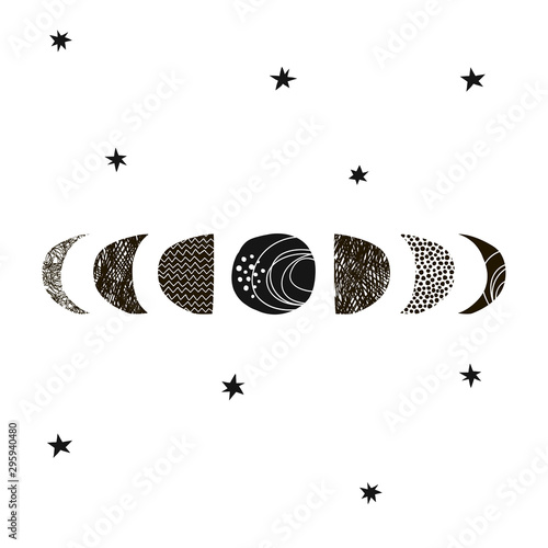 Moon childish hand drawn vector artwork. Doodle moon growth stages. Decorative Scandinavian night starry sky. Paper cut scribble and circle decorative elements. Childish black drawing