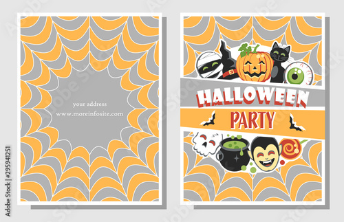 Two sides invitation or flyer for Halloween Party with colorful festive elements. Flat design. Vector illustration.