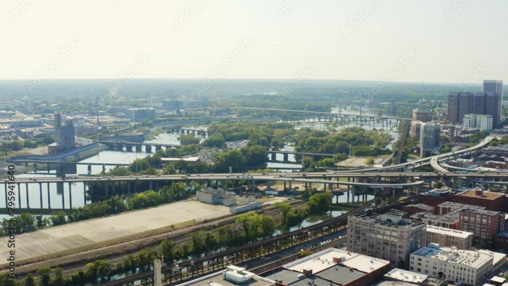 Aerial of Richmond City, highways and bridges in Richmond, drone shooting of industrial Virginia Aerial of Richmond City, highways and bridges in Richmond, drone shooting of industrial Virginia
