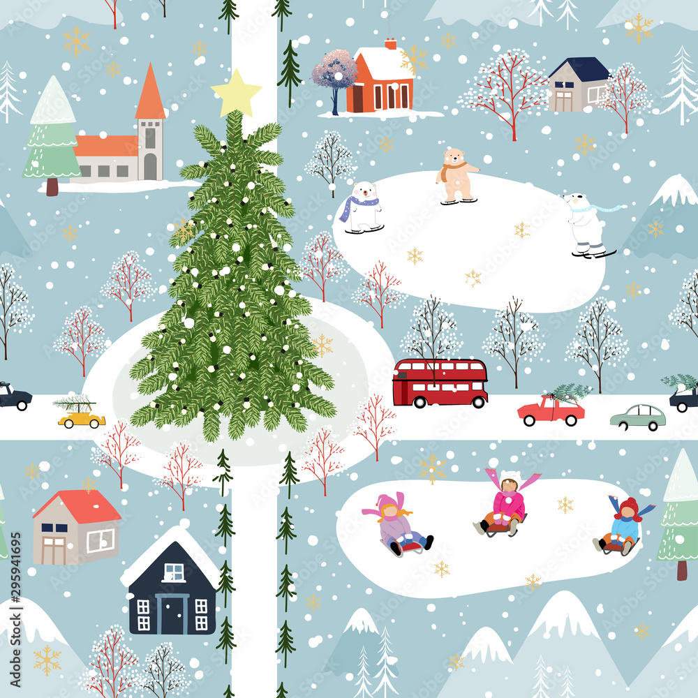 Vector Seamless Winter wonderland with kid and polar bear playing ice skates for celebrating on Christmas Day, Flat cute cartoon pattern for wrapping paper or fabric