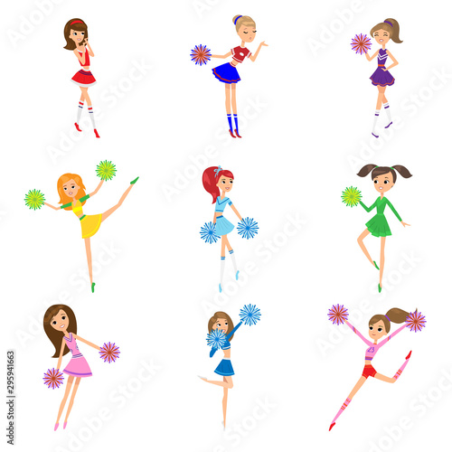 Set of girls cheerleaders with pompons vector illustration