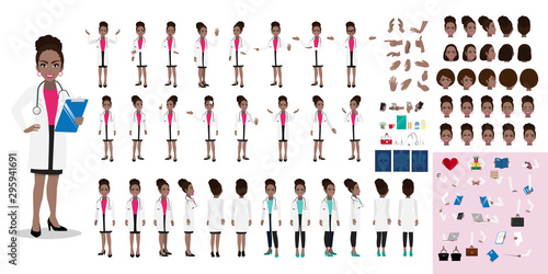 Female doctor cartoon character set, American African lady doctor in different uniform and poses, medical workers or hospital staff. Doctor cartoon DIY kit on a white background vector