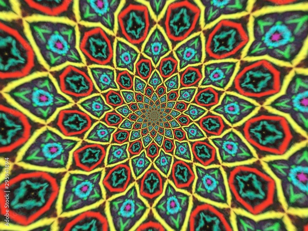 Colorful digital graphic kaleidoscope symmetry mandala style in laser light trial pattern, Tie Dye , spiderweb art abstract background for art projects, banner, business,   card, 3D, template