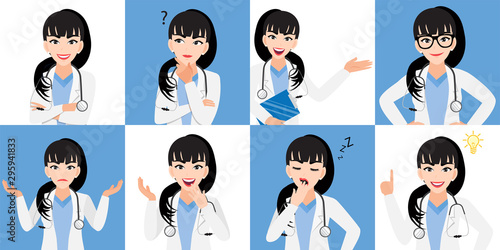 Female doctor cartoon character set, lady doctor in different poses, medical worker or hospital staff. Doctor cartoon Flat icon design on a white and blue background vector