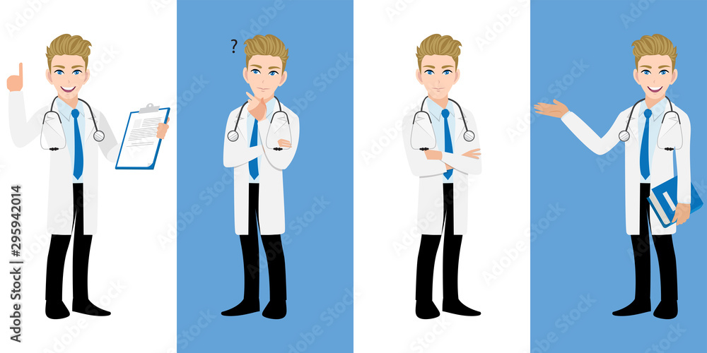 Male doctor cartoon character set, Handsame man doctor in different poses, medical worker or hospital staff. Doctor cartoon Flat icon on a white and blue background vector Male doctor cartoon character set, Handsame man doctor in different poses, medical worker or hospital staff. Doctor cartoon Flat icon on a white and blue background vector