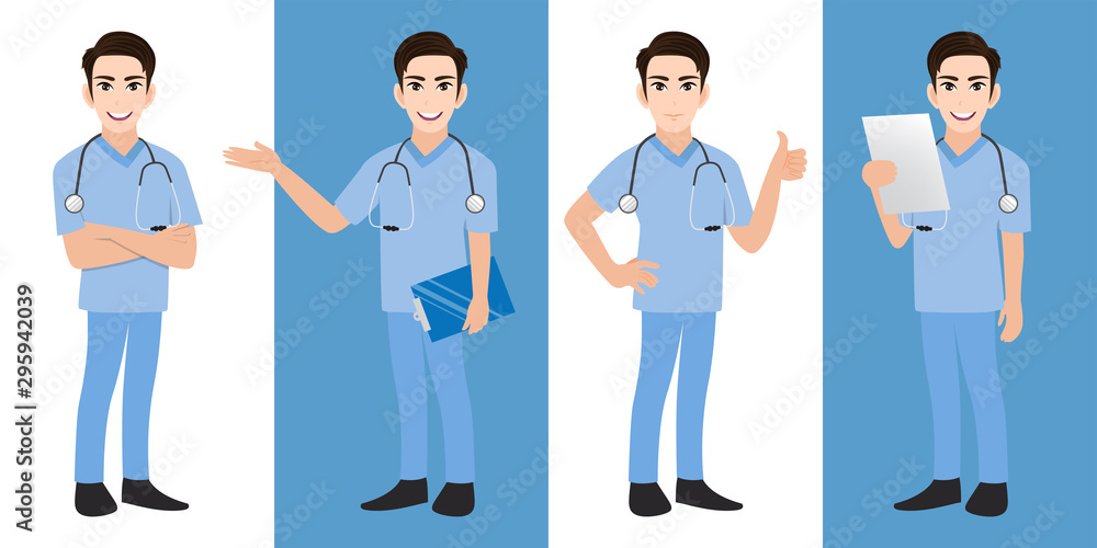 Male doctor cartoon character set, Handsame man doctor in different poses, medical worker or hospital staff. Doctor cartoon Flat icon on a white and blue background vector