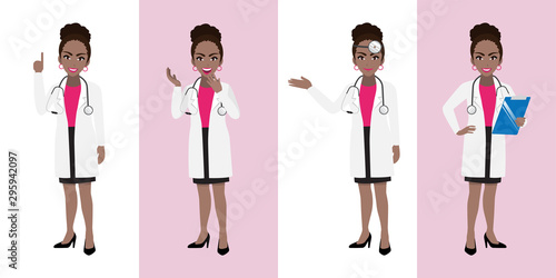 Female doctor cartoon character set, American African lady doctor in different poses, medical worker or hospital staff. Doctor cartoon Flat icon on a white and pink background vector