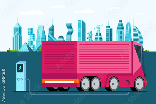 Electric truck at charging station. Hybrid futuristic semi trailer vechicle on future city. Modern e-vehicle technology and environment care concept. Flat cargo vector illustration