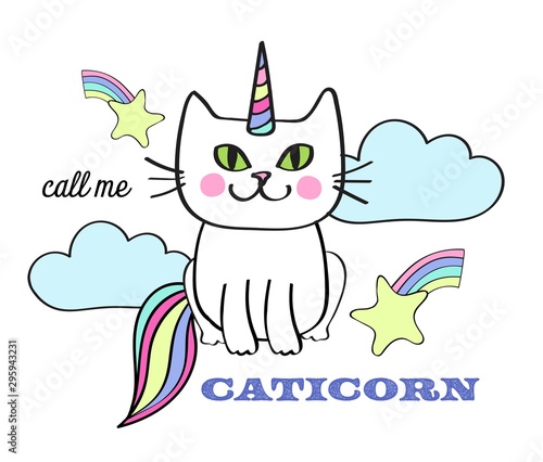 Call Me Caticorn Whimsical Cat Unicorn  placement print with fun tpography, clouds, rainbows and shooting stars in pastel colors photo