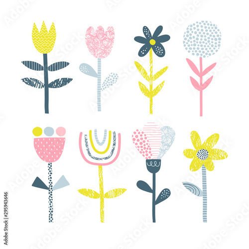Abstract flowers vector illustrations set. Doodle blooming plants flat simple composition. Decorative Scandinavian scribble, line and dot drawing. Blossoming tulip, chamomile, dandelion, bud