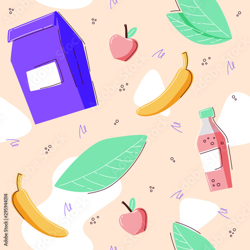 Seamless pattern with lunch meal. Bananas, apples and soda water. Vector illustration