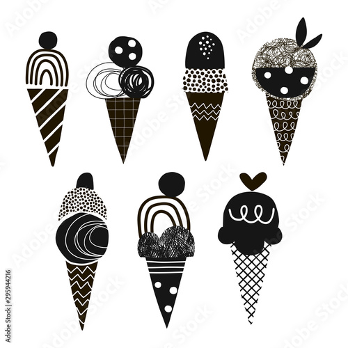 Cute ice cream vector illustrations set. Doodle yummy gelato simple composition. Cartoon dessert drawings pack. Squiggle, zigzag, line, dot elements. Scoop ice cream in waffle cone icons collection
