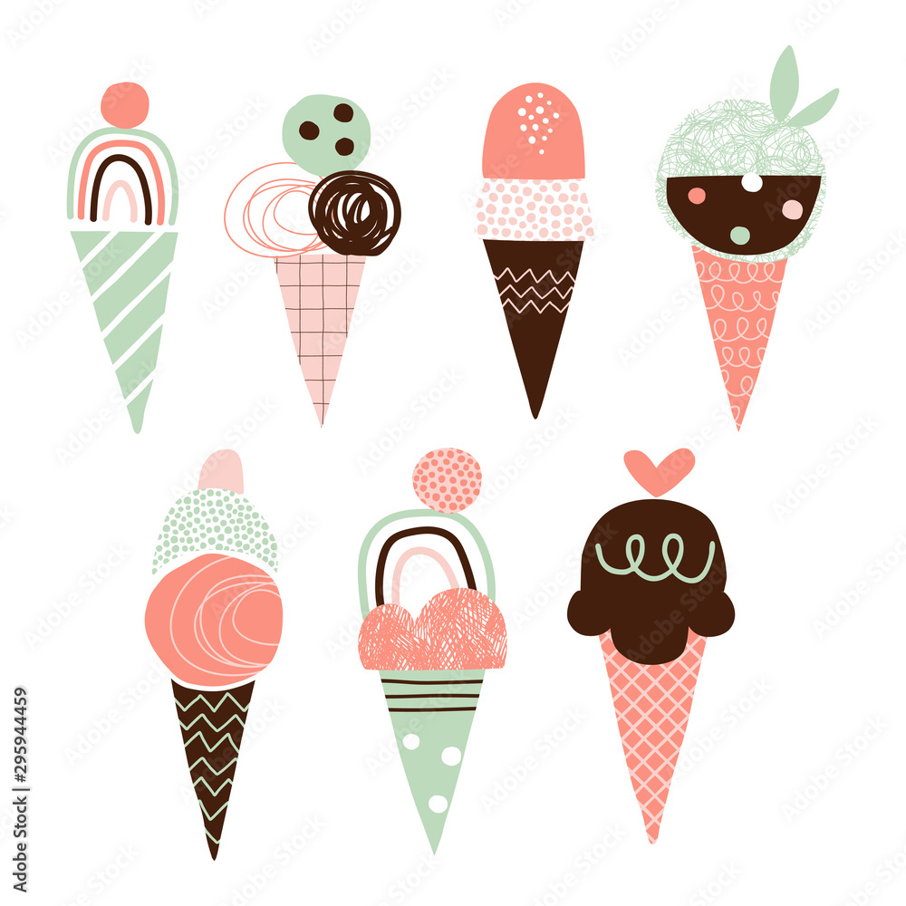 Cute ice cream vector illustrations set. Doodle yummy gelato simple  composition. Cartoon dessert drawings pack. Squiggle, zigzag, line, dot  elements. Scoop ice cream in waffle cone icons collection Stock Vector |  Adobe