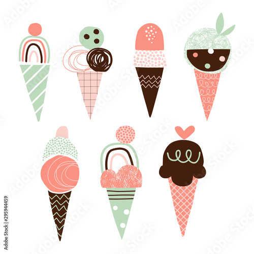 Cute ice cream vector illustrations set. Doodle yummy gelato simple composition. Cartoon dessert drawings pack. Squiggle, zigzag, line, dot elements. Scoop ice cream in waffle cone icons collection