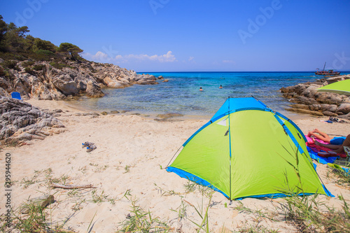 Fototapeta Naklejka Na Ścianę i Meble -  Summer vacation camping on lonely sand beach