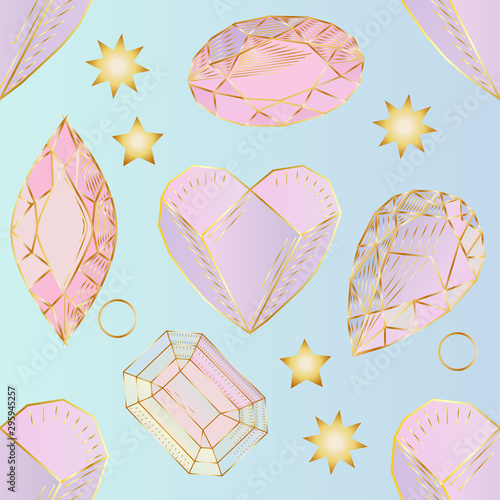 Colorful seamless pattern with hand drawn crystals and gems in pink, lilac tones with gold contour
