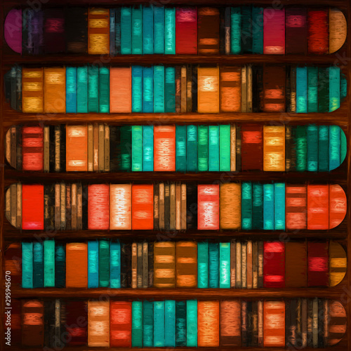 Watercolor seamless book shelves bright colors texture (vertically and horizontally) vintage, modern books mixed for reading, education, office archive, rectangular, high resolution pattern