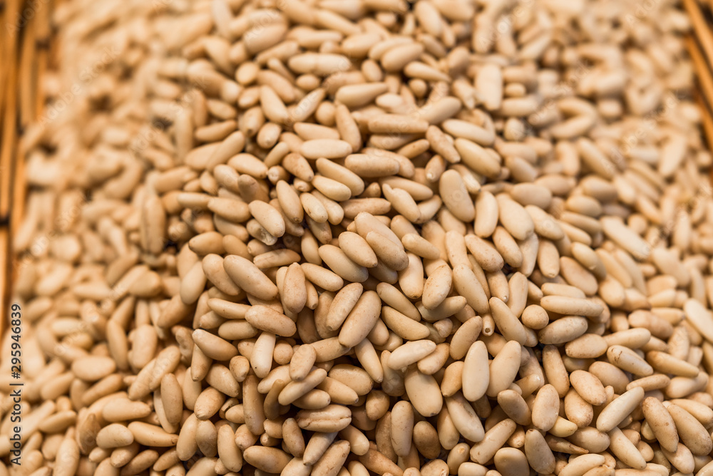 Close up of pine nuts at the farmers market stall Close up of pine nuts at the farmers market stall
