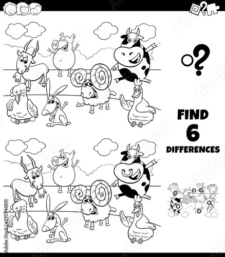 differences coloring task with farm animal characters