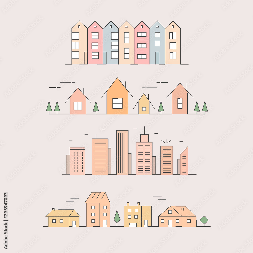 Urban colored icons. big city and town. Linear style background.