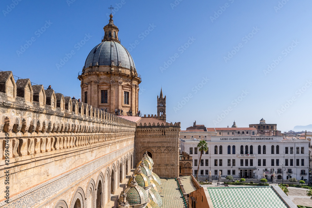 Close up view of the Palermo Cathedral or Cattedrale di Palermo dome structure in a nice sunny afternoon in Palermo, Sicily.