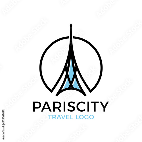 Eiffel Tower logo icon, minimalist style. Symbol french, Paris, holiday, travel tour. Black silhouette tall building Eiffel Tower. Isolated or white background
