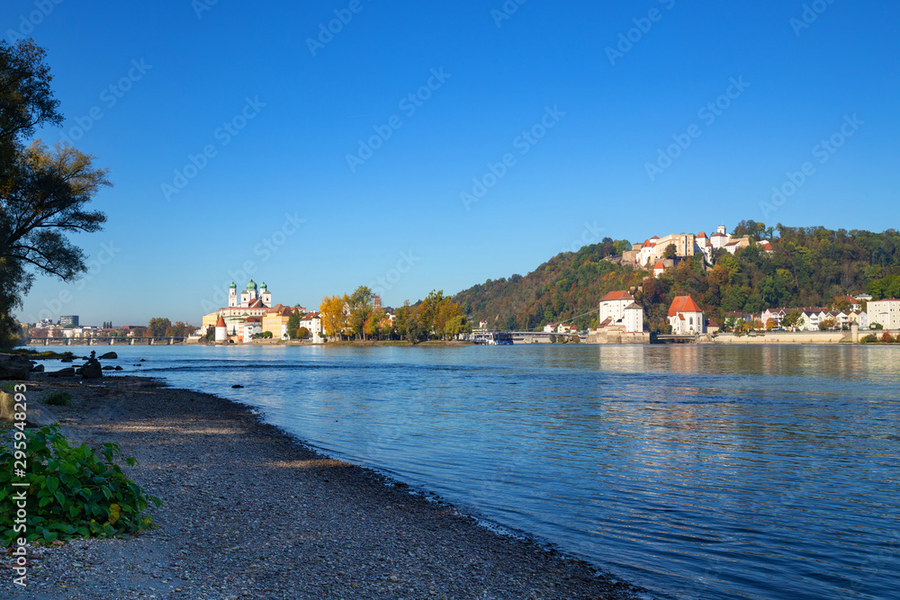 Panorama of Passau at the confluence of Ilz, Inn and Danube with view towards Oberhaus castle