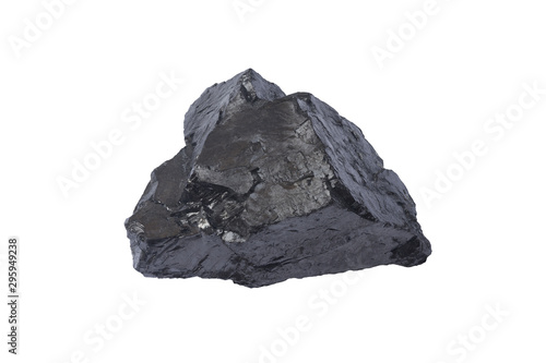 Black coal ore close-up with soft focus. Anthracite coal bar isolaned on white. Natural black coal bar for design. Industrial coal nugget close up
