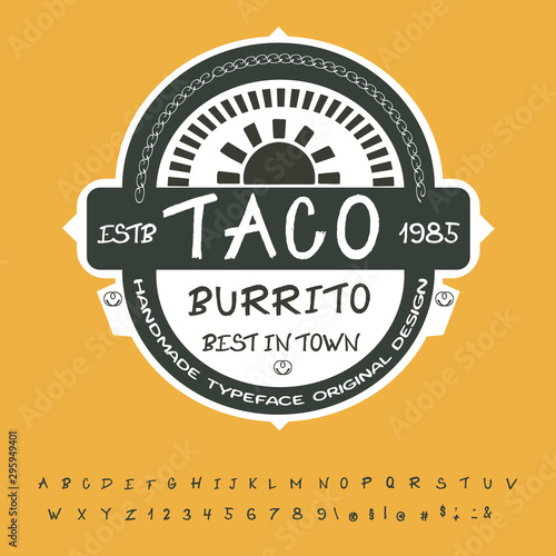 Hand drawn vintage retro font. Outdoor advertising of American restaurants and eateries inspired typeface. Textured unique brush script style alphabet. Letters and numbers. Vector Illustration.