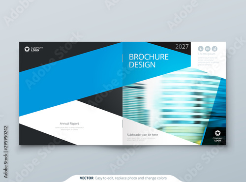 Blue Square Brochure Cover Template Layout Design. Corporate Business Horizontal Brochure, Annual Report, Catalog, Magazine, Flyer Mockup.