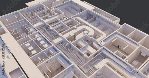 3D BIM model of the floor plan of a building with utilities Top view