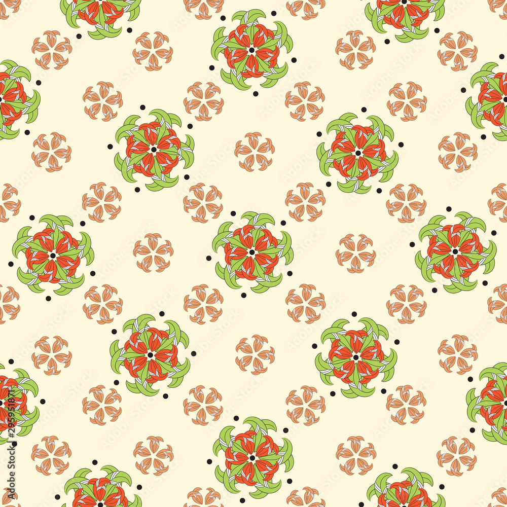 Seamless pattern of abstract flowers with orange, light green, carrot petals. White stripes, black dots, light background.