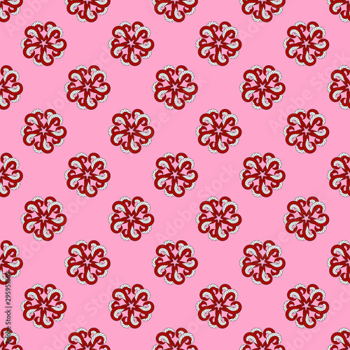 Abstract burgundy curls seamless pattern with white stripes, abstract flowers, pink background.