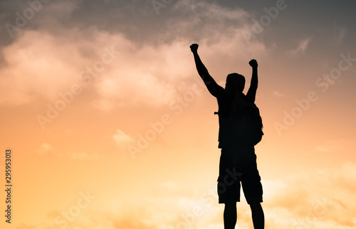 Mole hiker celebrating with fist up to the sky. Strength and determination. 
