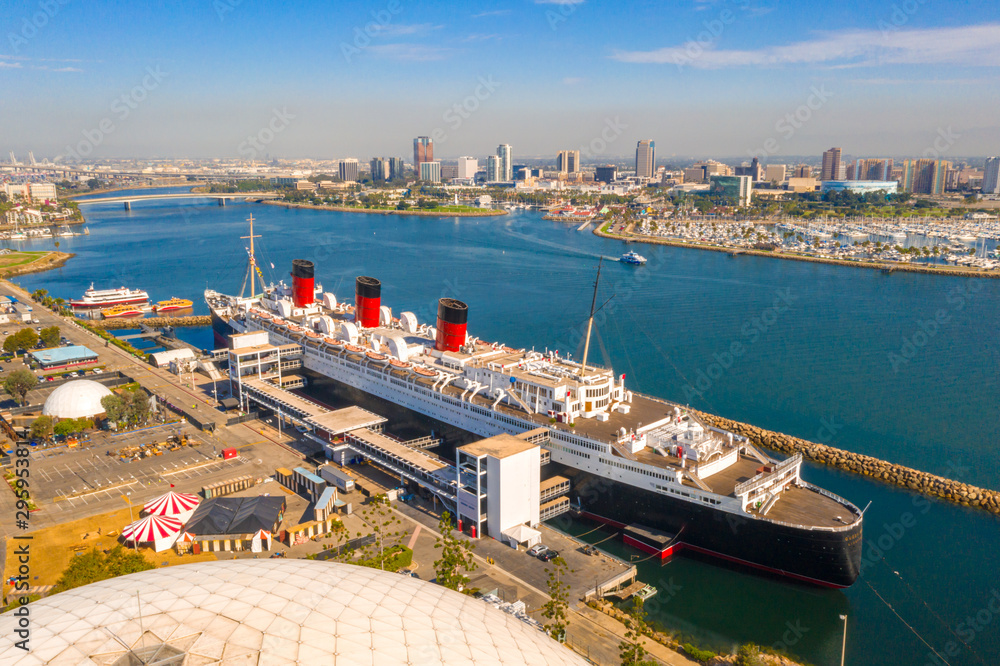 Gorgeous aerial view of RMS Queen Mary ocean liner at Long Beach, Los