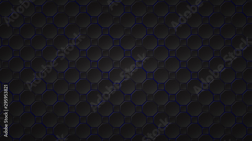 Abstract dark background of black octagon and square tiles with blue gaps between them